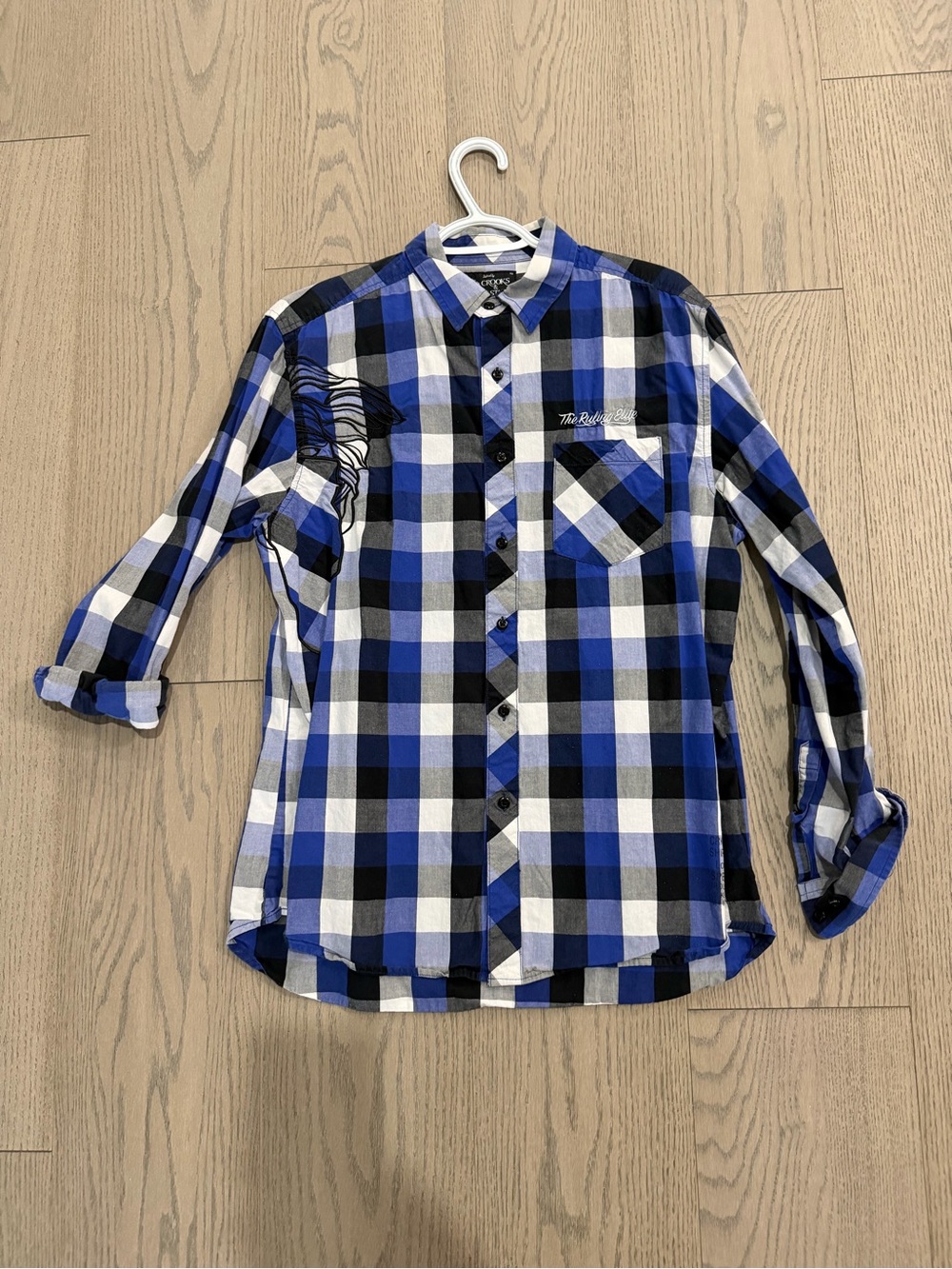 Crooks & Castles Blue Black White Plaid Button-Down Shirt